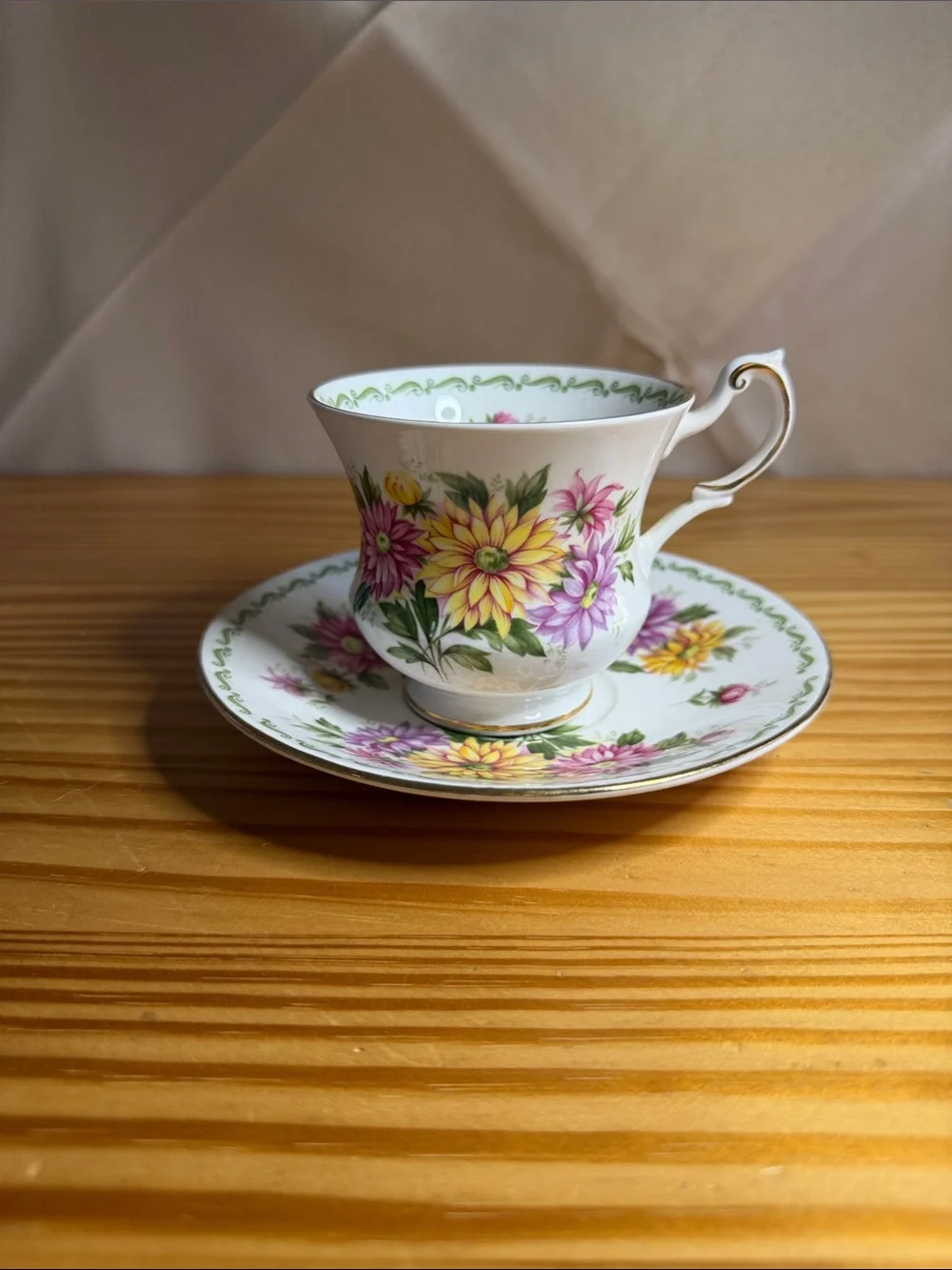 Vintage Queens Bone China September Aster Teacup & Saucer Set England